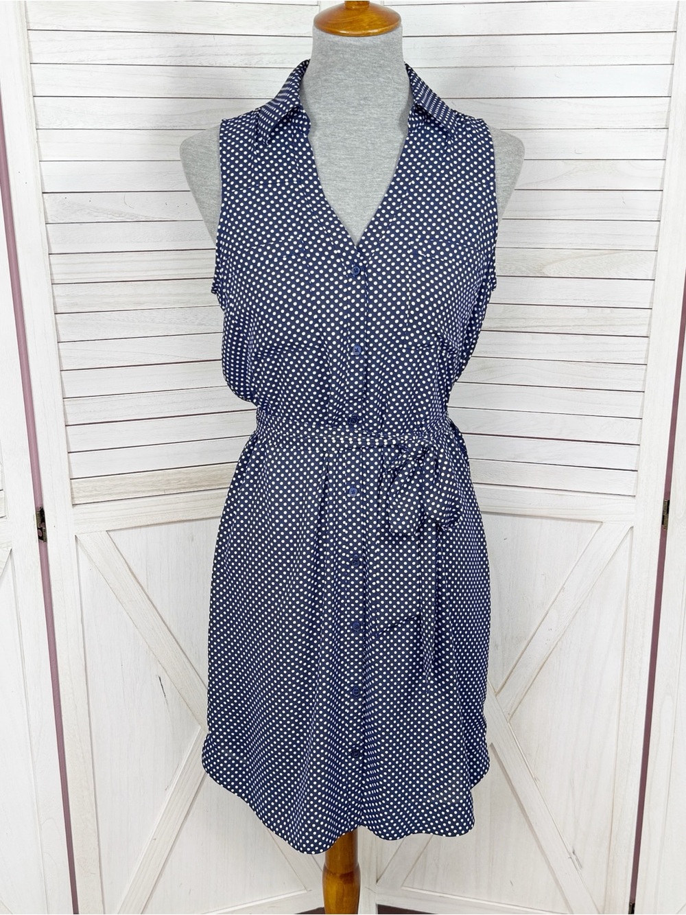 Express Polka Dot Sleeveless Belted Shirt Dress Navy Blue Small Preppy Button